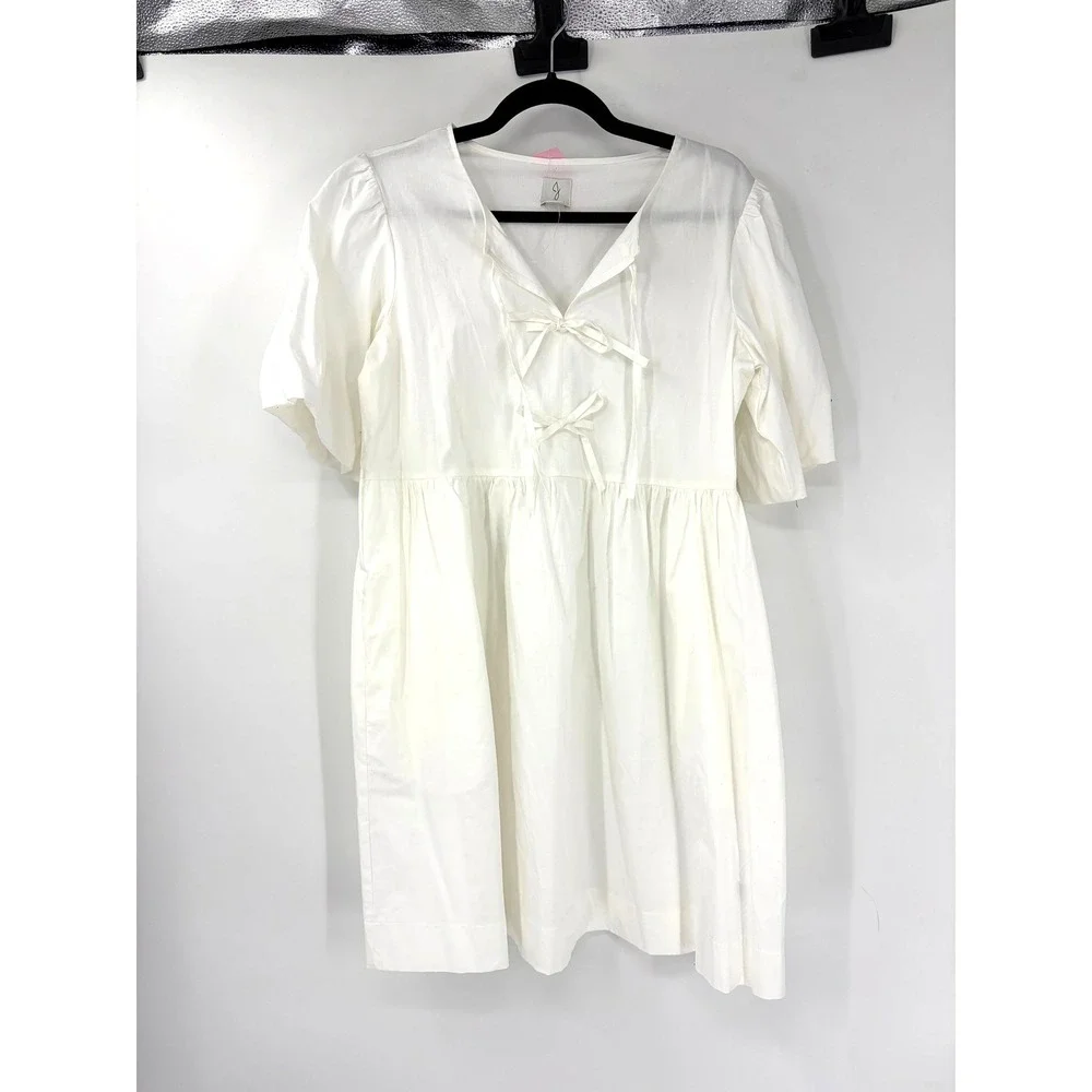 Joie White Cotton Poplin Babydoll Mini Dress Short Puff Sleeve Bow Front Small